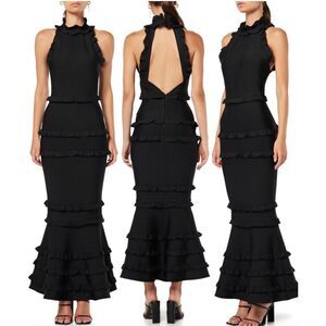 Elliatt Theatrical Mermaid Evening Maxi Dress in Black Layered Ruffle size M NWT